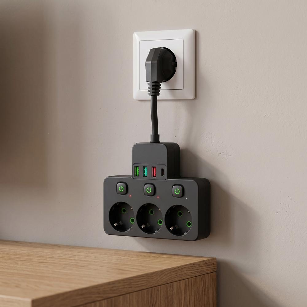 Listwa zasilająca 3 gniazda + 3x USB-A + USB-C JNH018 Czarna