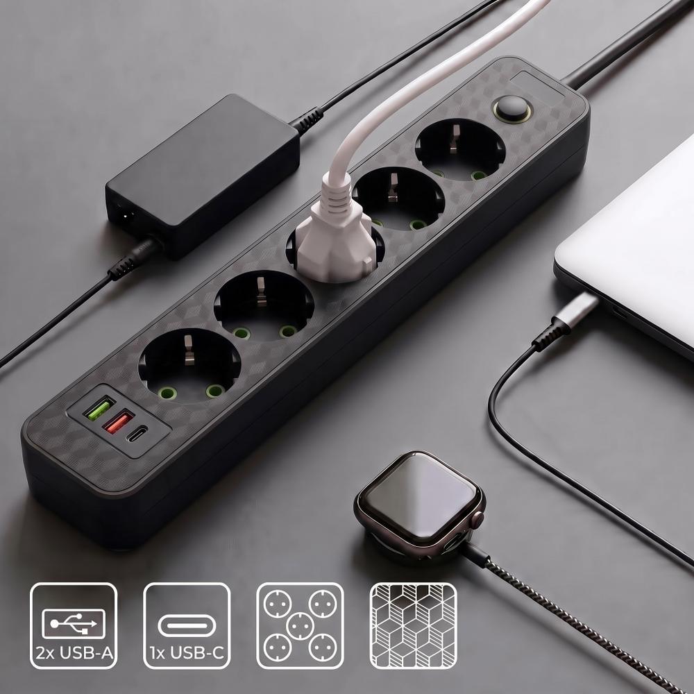 Listwa zasilająca Przedłużacz 5 gniazda + 2x USB-A + USB-C JNH022-5A Czarny