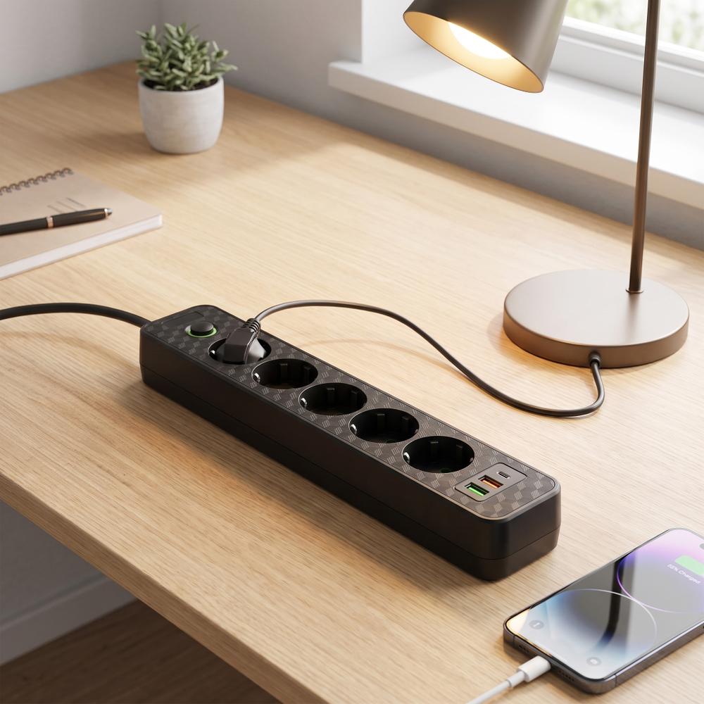 Listwa zasilająca Przedłużacz 5 gniazda + 2x USB-A + USB-C JNH022-5A Czarny