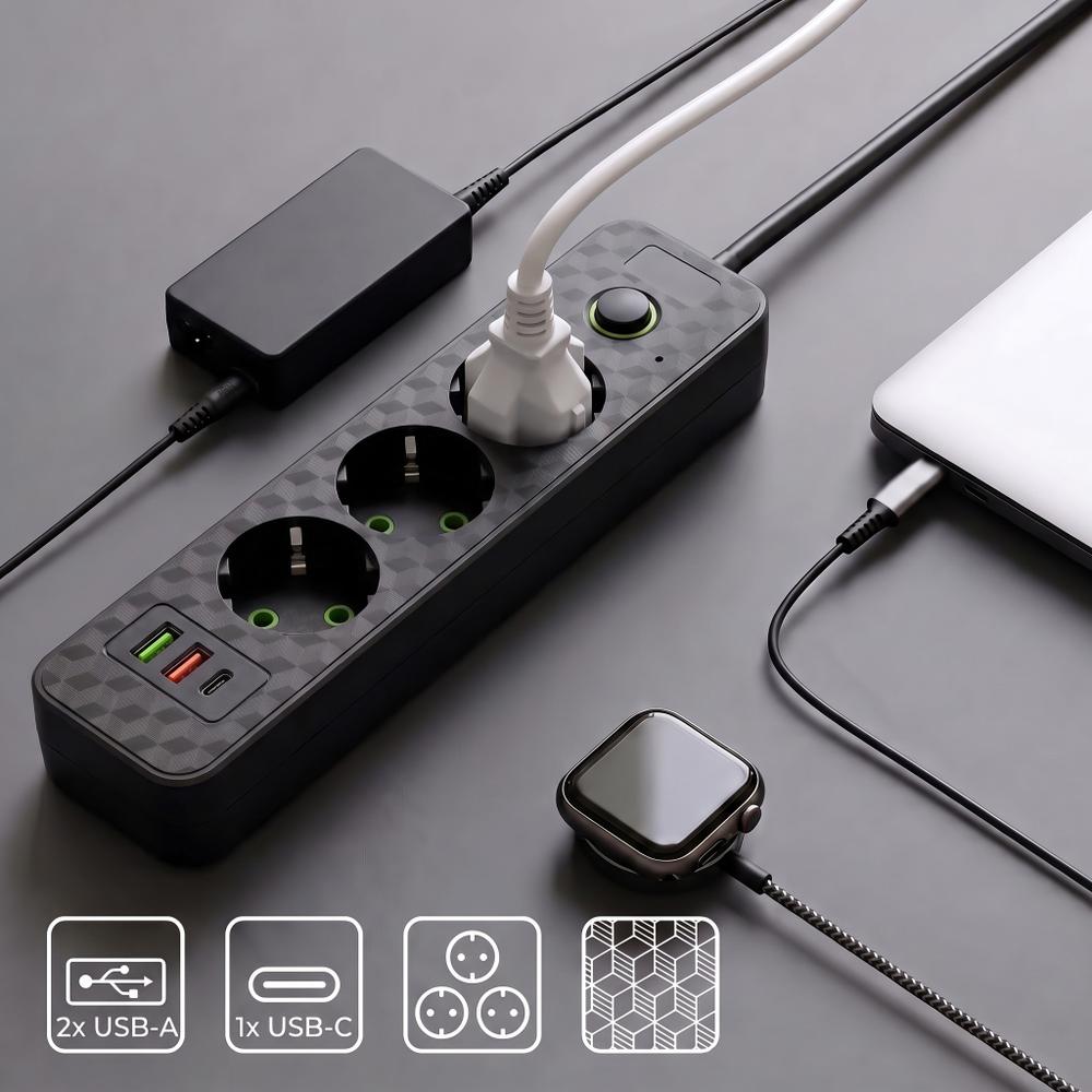Listwa zasilająca Przedłużacz 3 gniazda + 2x USB-A + USB-C JNH020-3A Czarny