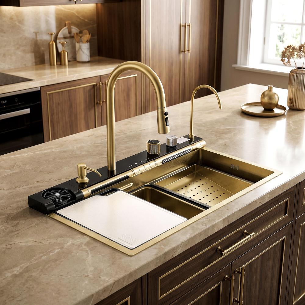 Wielofunkcyjny zlewozmywak stalowy 10w1 REA Alonzo Złoty Szczotkowany