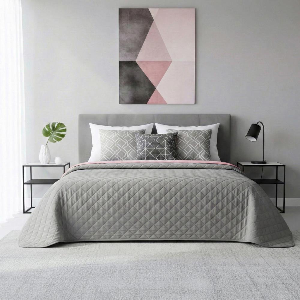 Narzuta dwustronna pikowana Inez  jasnoszary-różowy