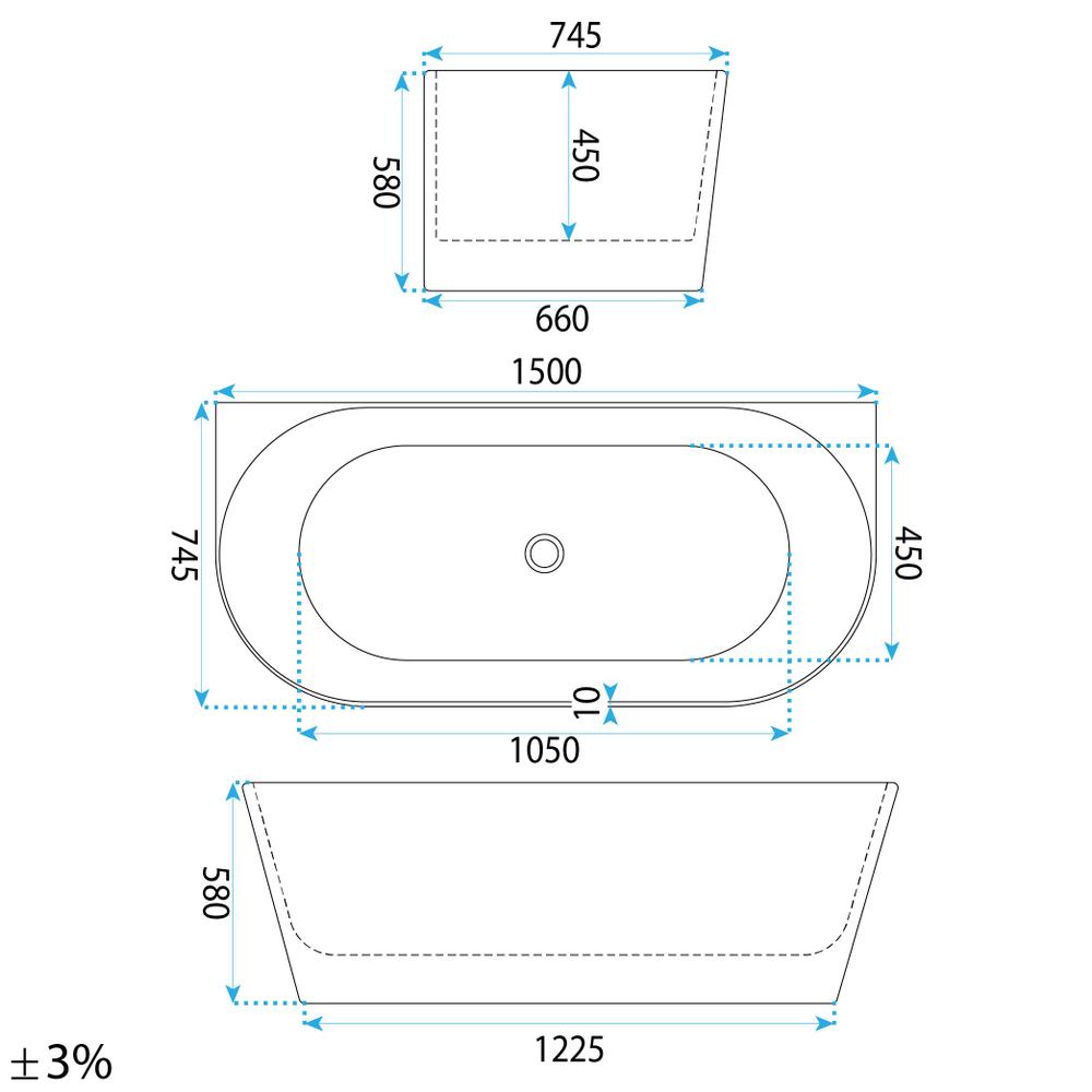 Wanna Przyścienna CAPRI SLIM 150cm