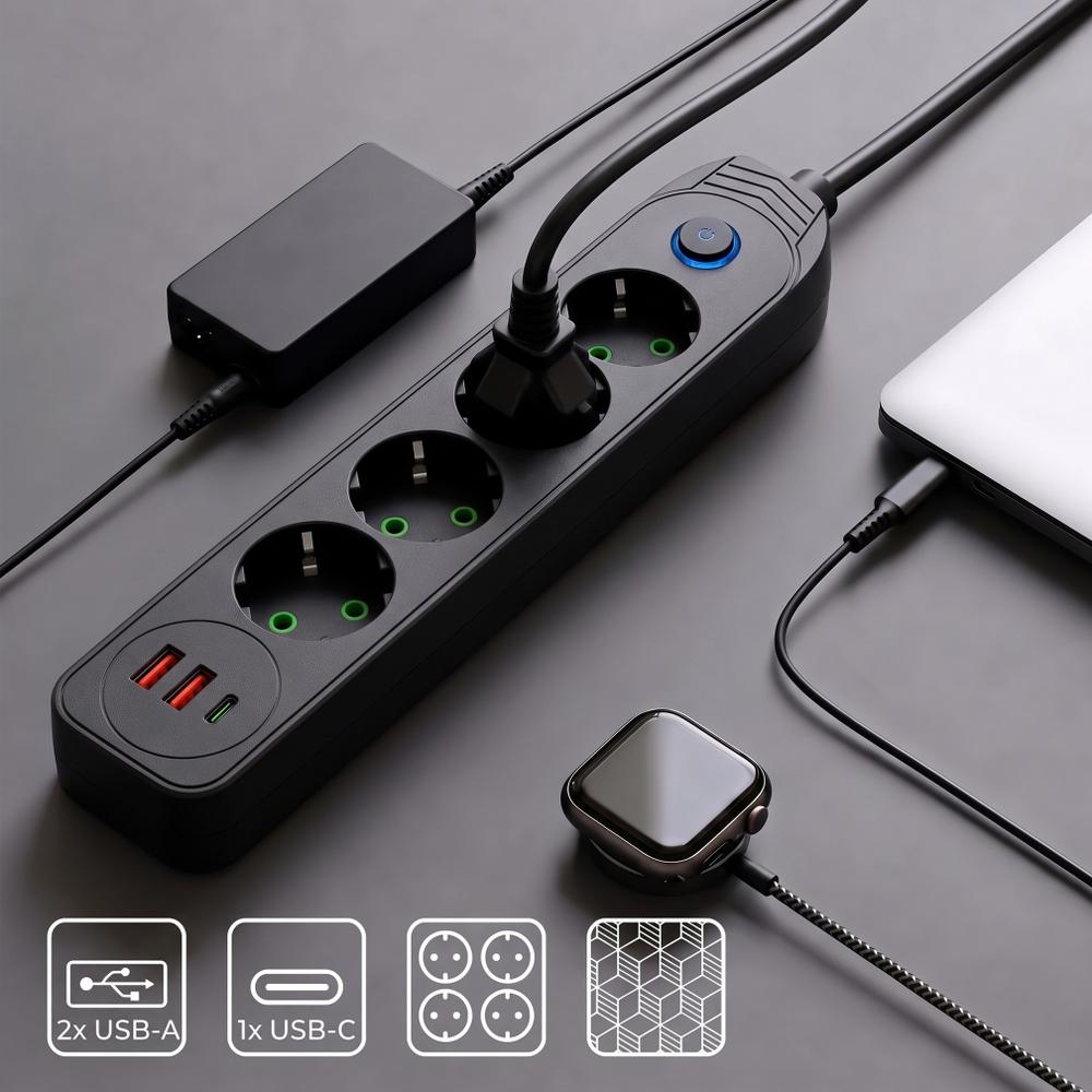 Listwa zasilająca Przedłużacz 4 gniazda + 2x USB-A + USB-C JNH025-4B Czarna