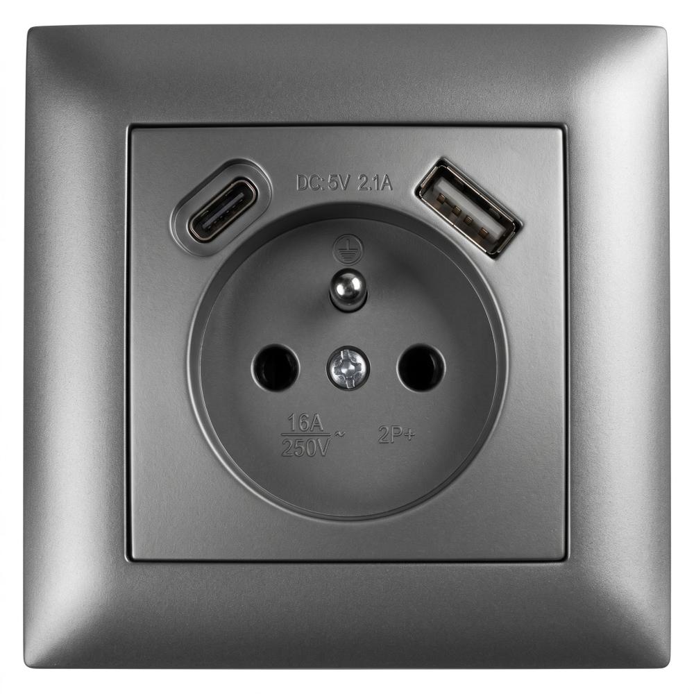 Gniazdo pojedyncze z uziemieniem + USB-A USB-C z ramką OSTE JNH004-G Szare