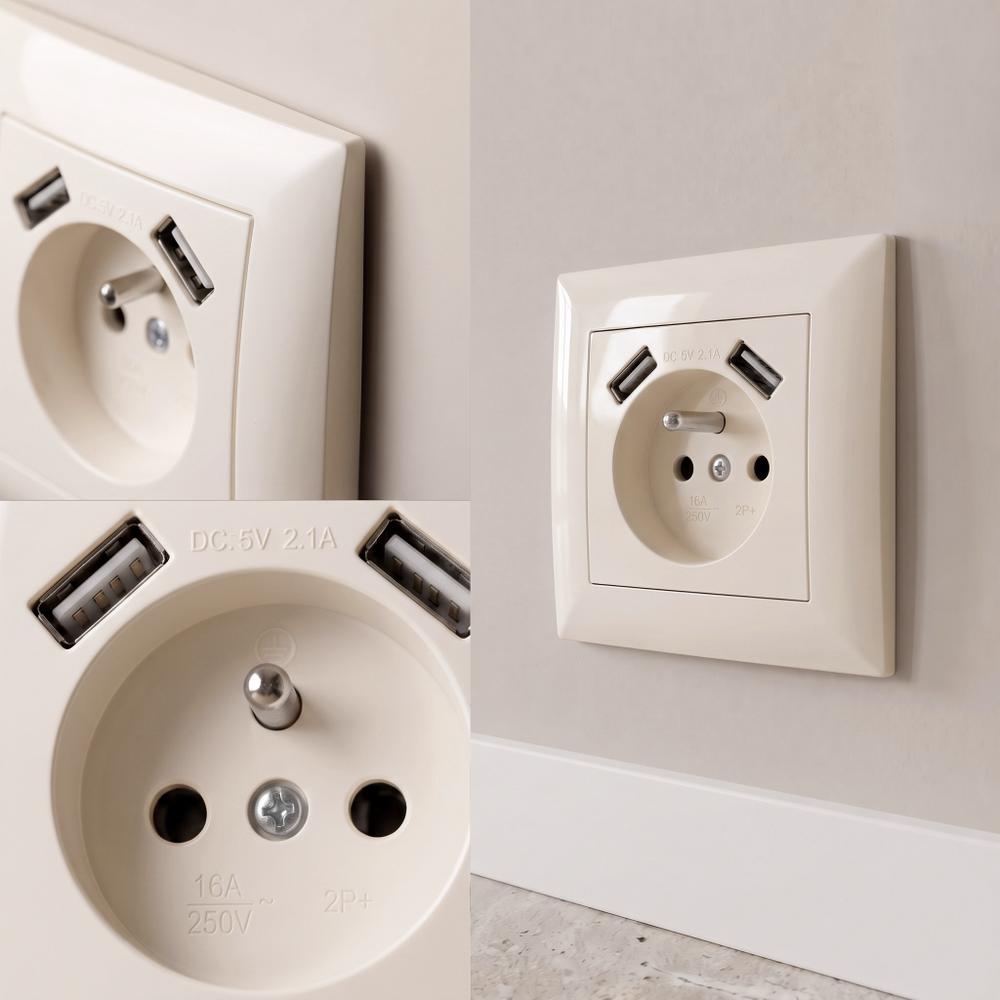 Gniazdo pojedyncze z uziemieniem + 2x USB-A z ramką OSTE JNH003-G Beżowe