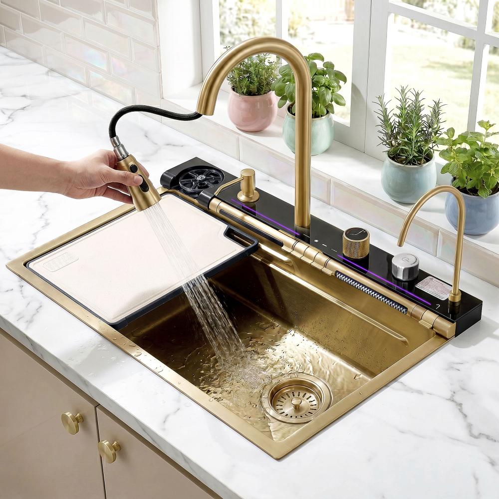 Wielofunkcyjny zlewozmywak stalowy 10w1 REA Alonzo Złoty Szczotkowany