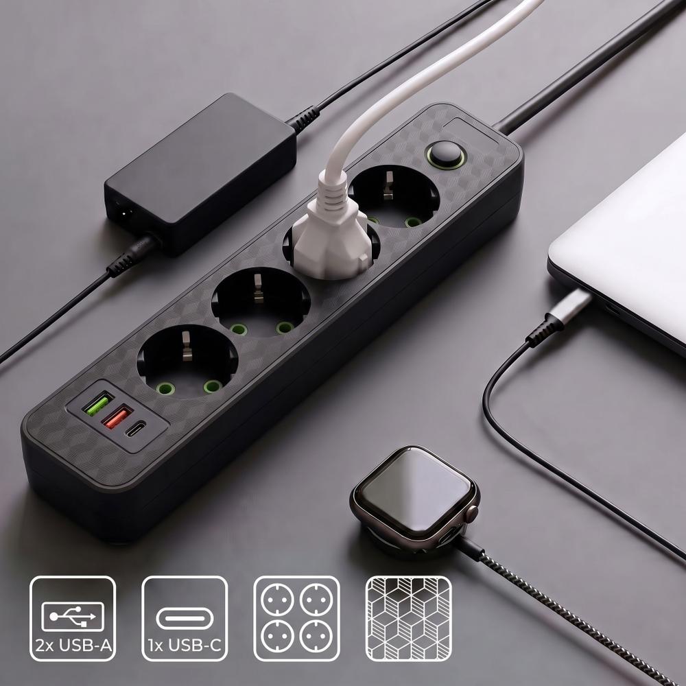 Listwa zasilająca Przedłużacz 4 gniazda + 2x USB-A + USB-C JNH021-4A Czarny