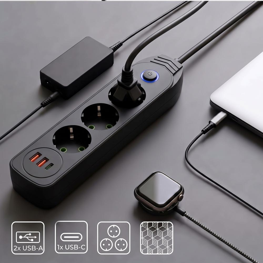 Listwa zasilająca Przedłużacz 3 gniazda + 2x USB-A + USB-C JNH024-3B Czarny