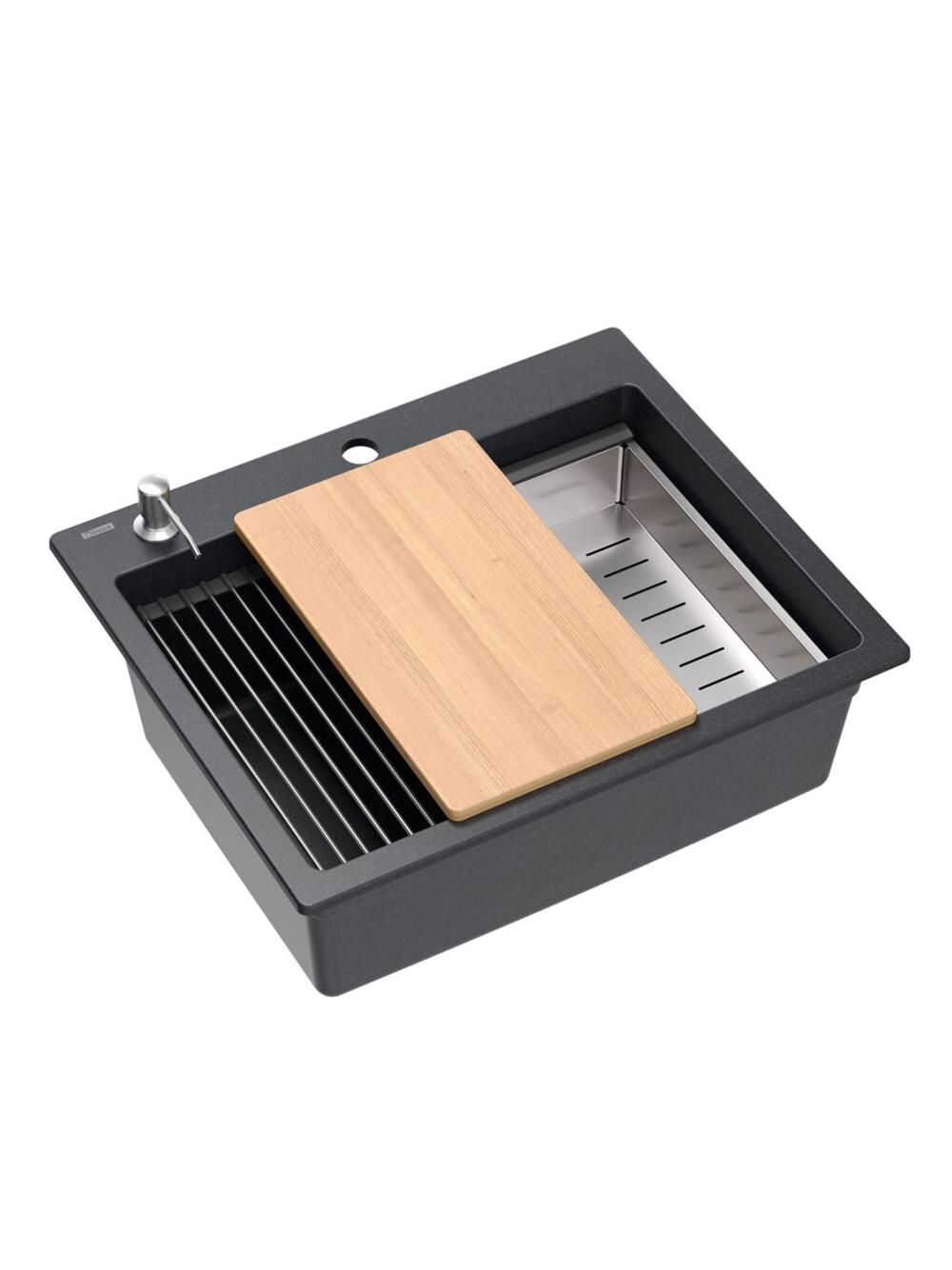 Zlewozmywak granitowy KURT 110 WORKSTATION Czarny Nakrapiany