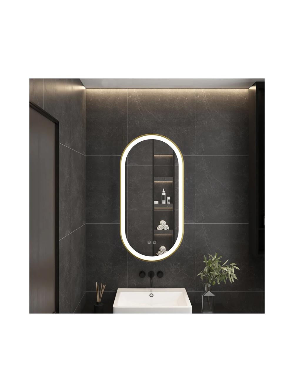 LUSTRO ŚCIENNE LED OVL 50x100cm Złote Szczotkowane