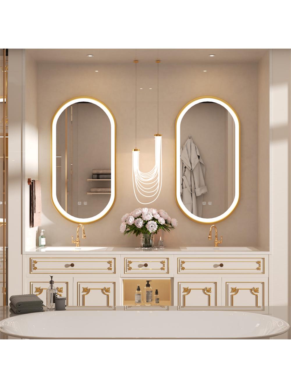 LUSTRO ŚCIENNE LED OVL 50x100cm Złote Szczotkowane