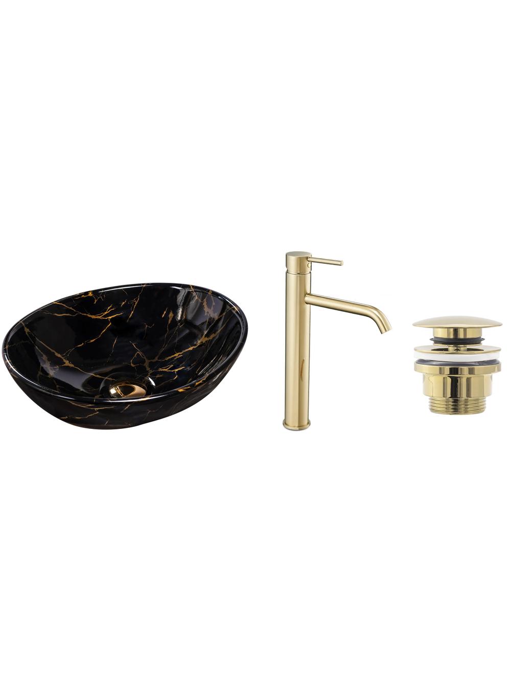 Zestaw Sofia black marble + bateria wysoka Lungo gold + korek uniwersalny złoty