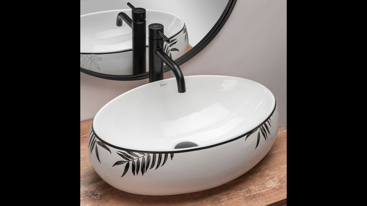 Set Lavabo da appoggio Shila + Rubinetto da bagno Lungo black matt + Tappo  black matt - Rea