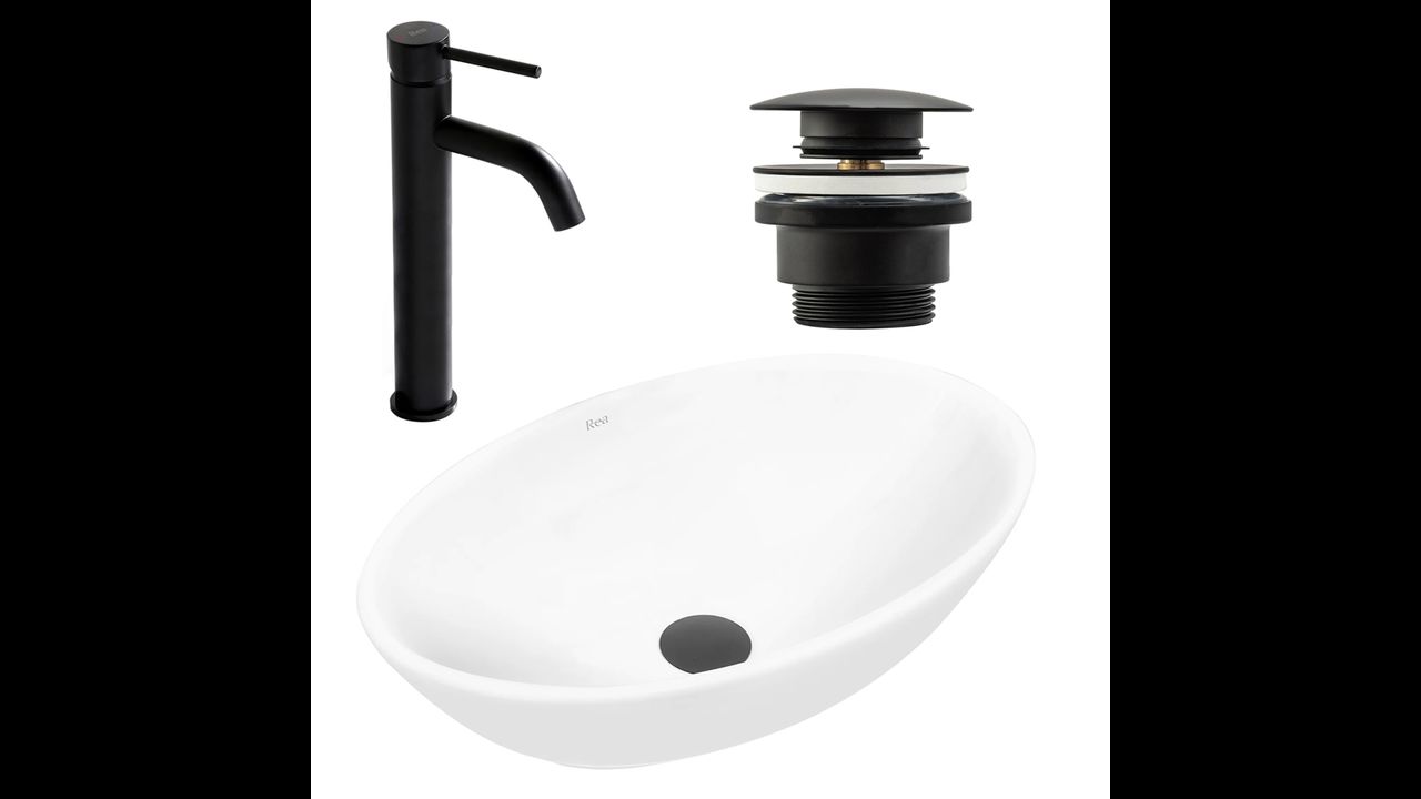 Set Lavabo da appoggio Pamela white + Rubinetto da bagno Lungo black matt +  Tappo black matt - Rea