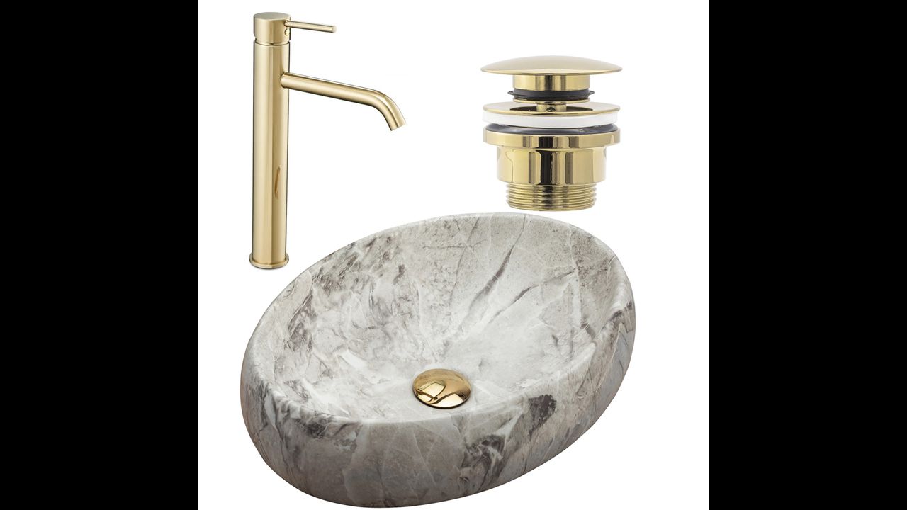 Set Vasque à poser Linda stone + Robinet de lavabo Lungo gold + Bonde gold