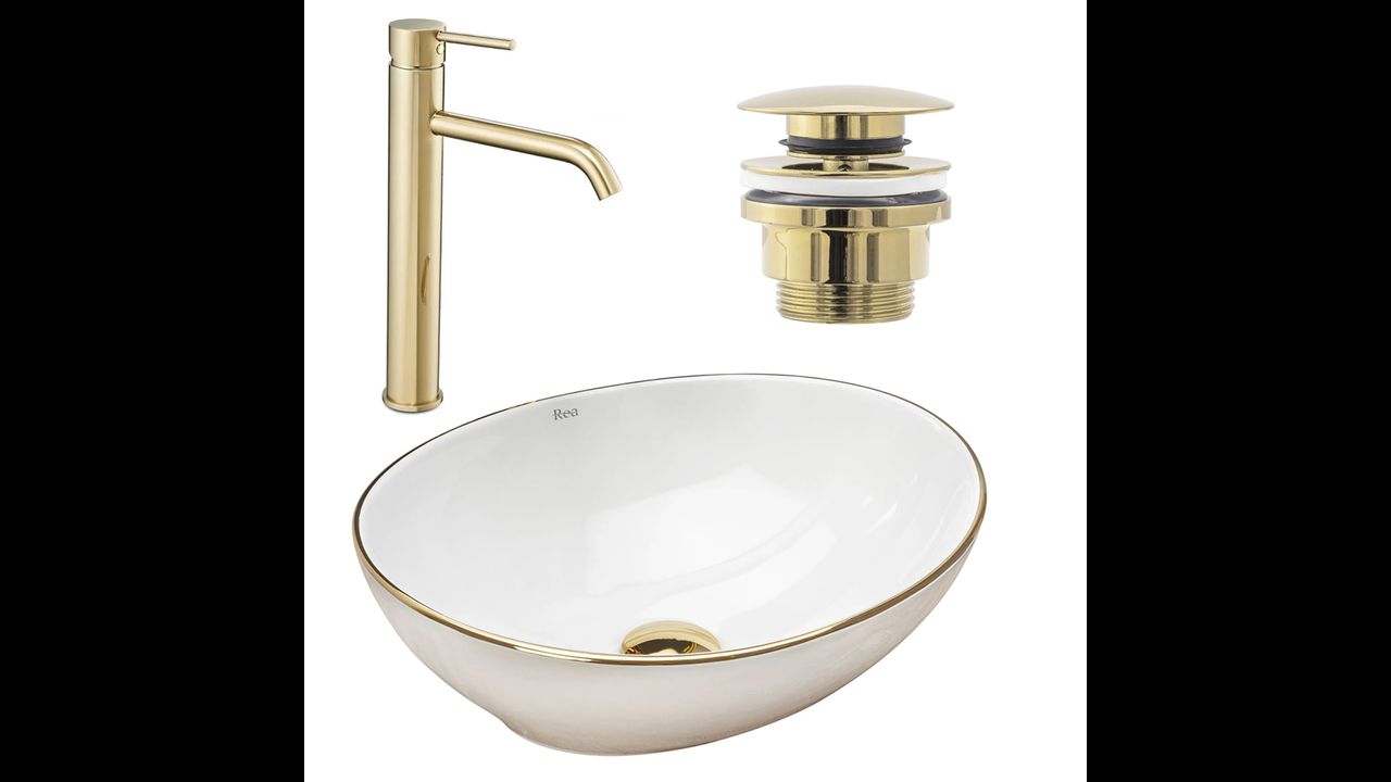 Set Countertop washbasin Sofiagold edge + Bathroom faucet Lungo gold + Plug uniwersalny gold