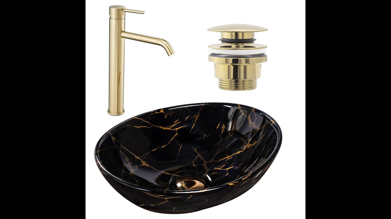 Set Aufsatzwaschbecken Sofia marble black + Waschbeckenarmatur Lungo gold + Stöpsel gold
