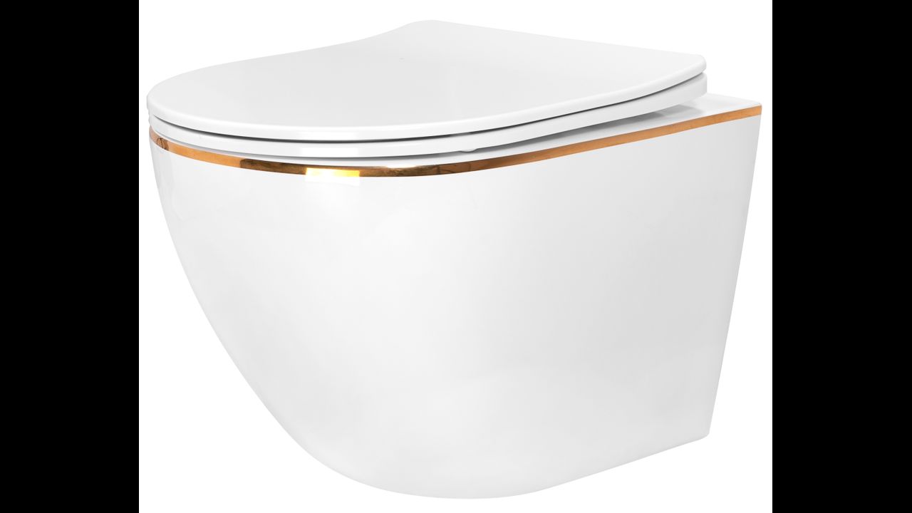 Závesná WC misa REA CARLO Mini Flat - biela-zlatý okraj