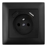 Gniazdo pojedyncze z uziemieniem + USB-A USB-C z ramką OSTE JNH004-G Czarny