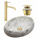 Wastafel Linda Stone + Kraan Lungo Gold High + universele plug gold