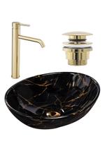 Zestaw Sofia black marble + bateria wysoka Lungo gold + korek uniwersalny złoty