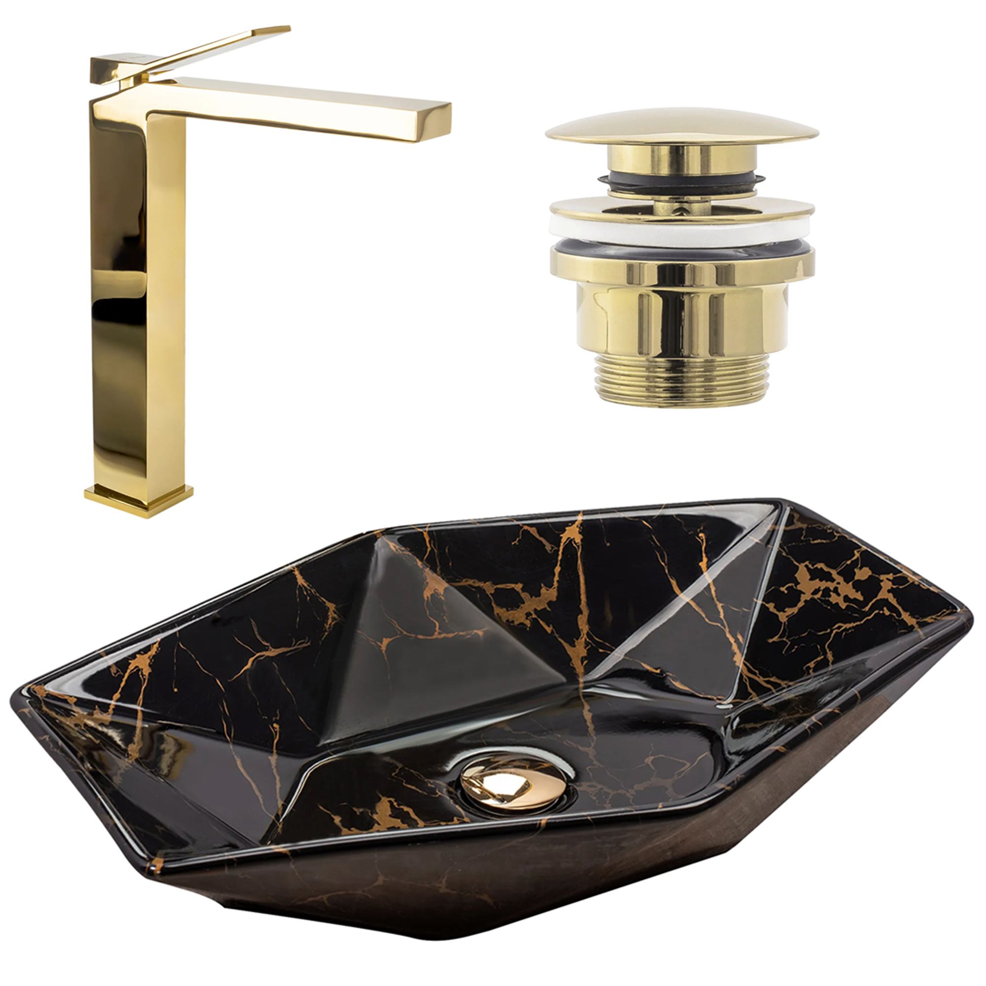 Set lavoar Vegas marble black + baterie inalta Duet gold + dop universal gold