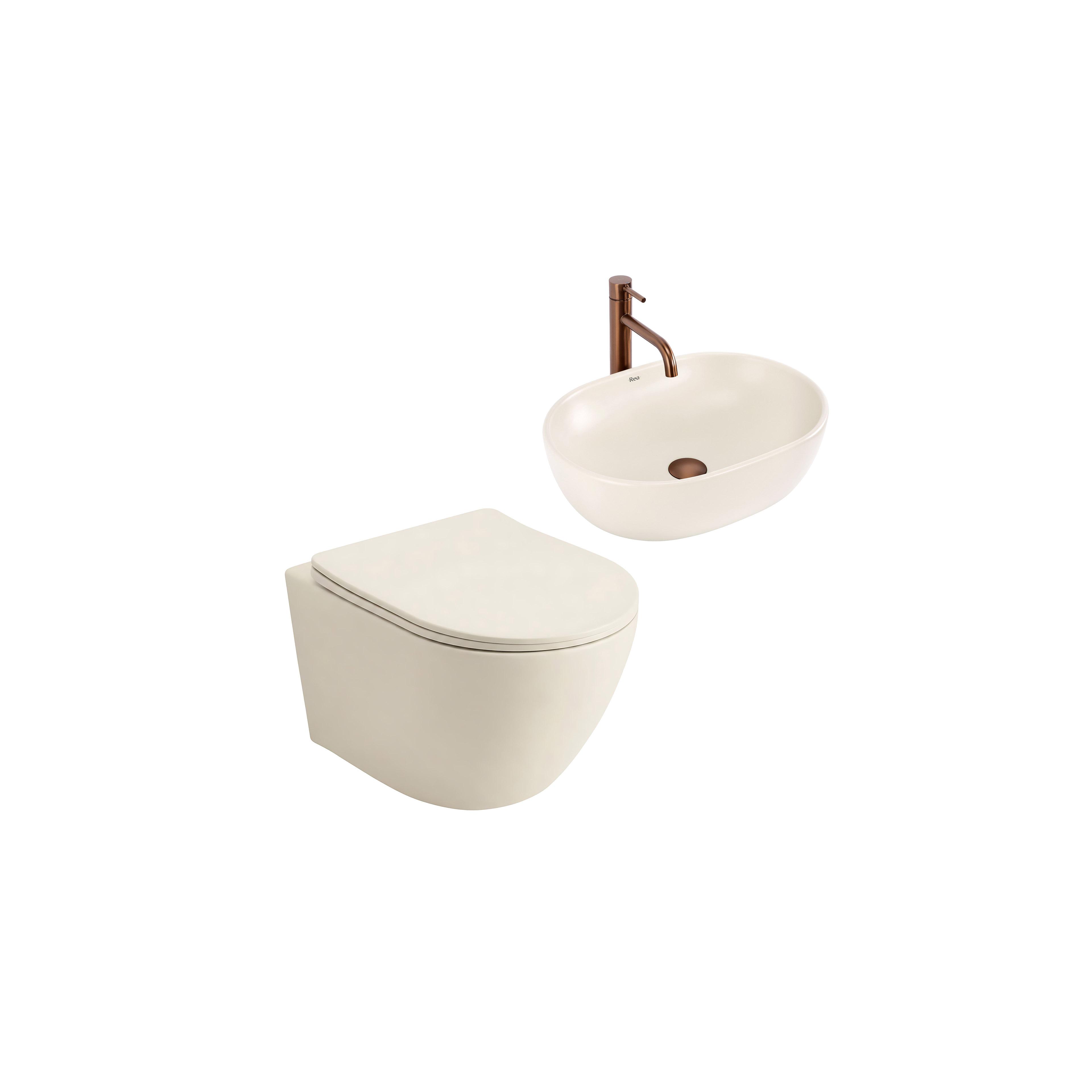 Ensemble WC Suspendu Focus + Lavabo à Poser Rea Focus Creme