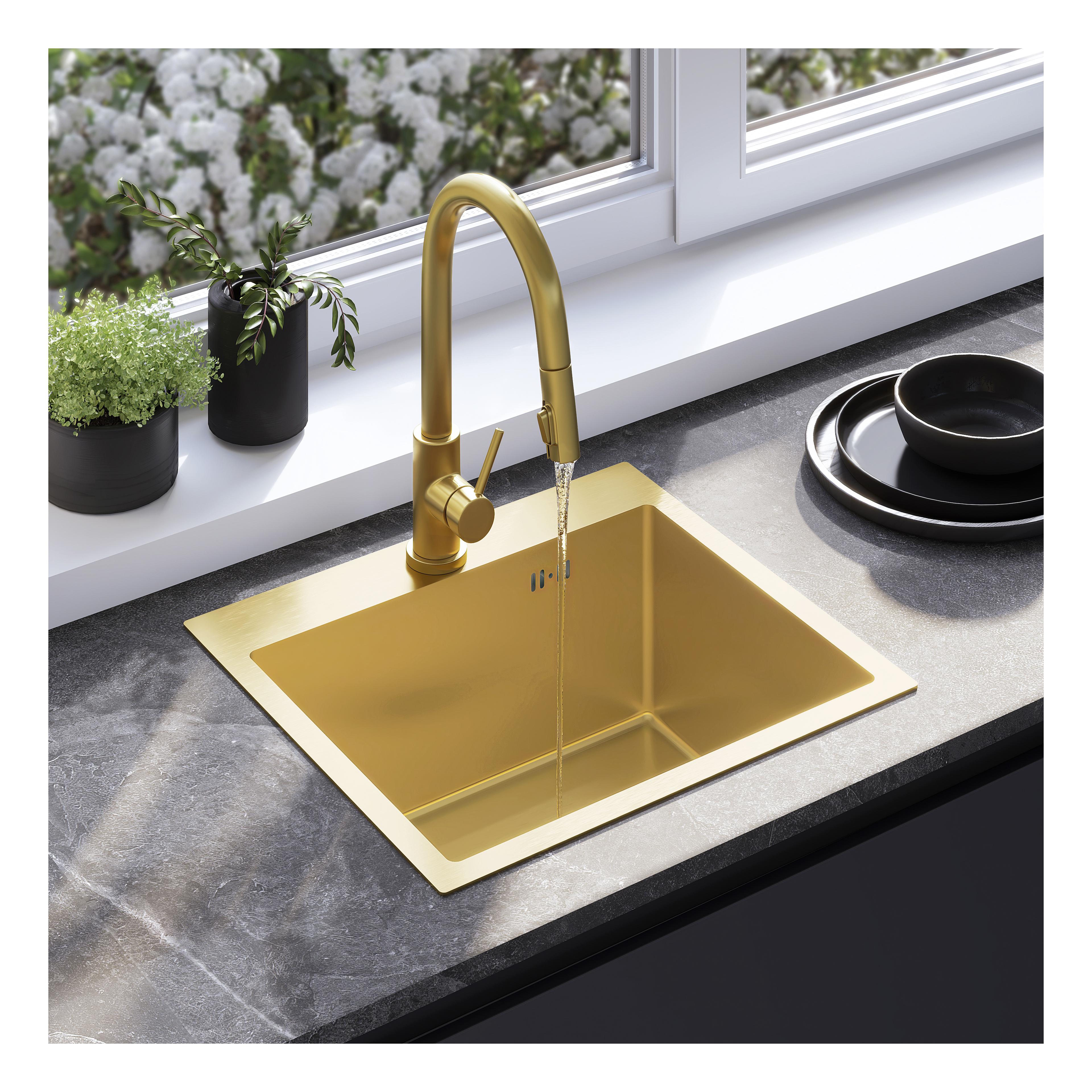 Стоманена мивка с комплект аксесоари 3 бр. REA Leo 50 Brush Gold