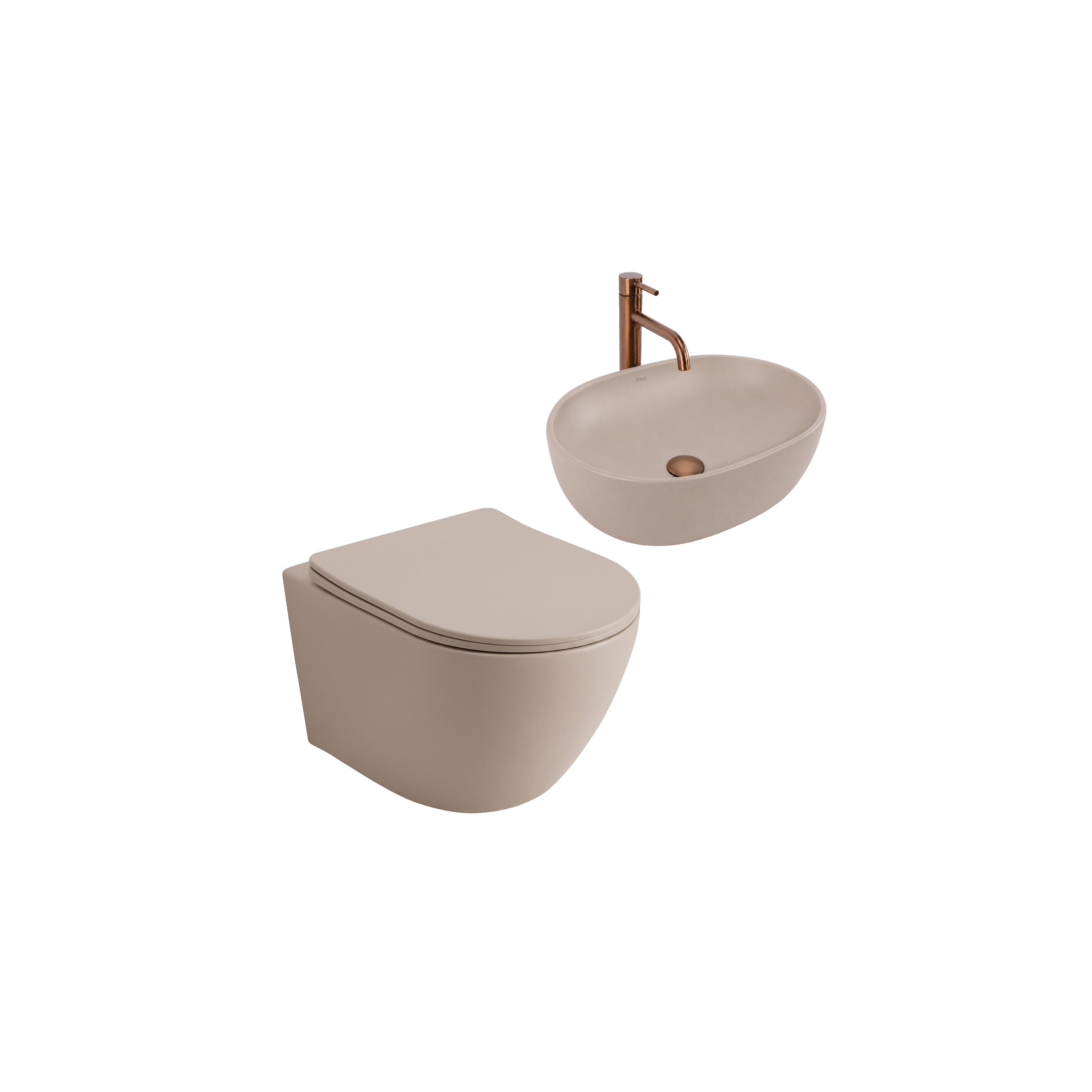 Ensemble WC Suspendu Focus + Lavabo à Poser Rea Focus Taupe