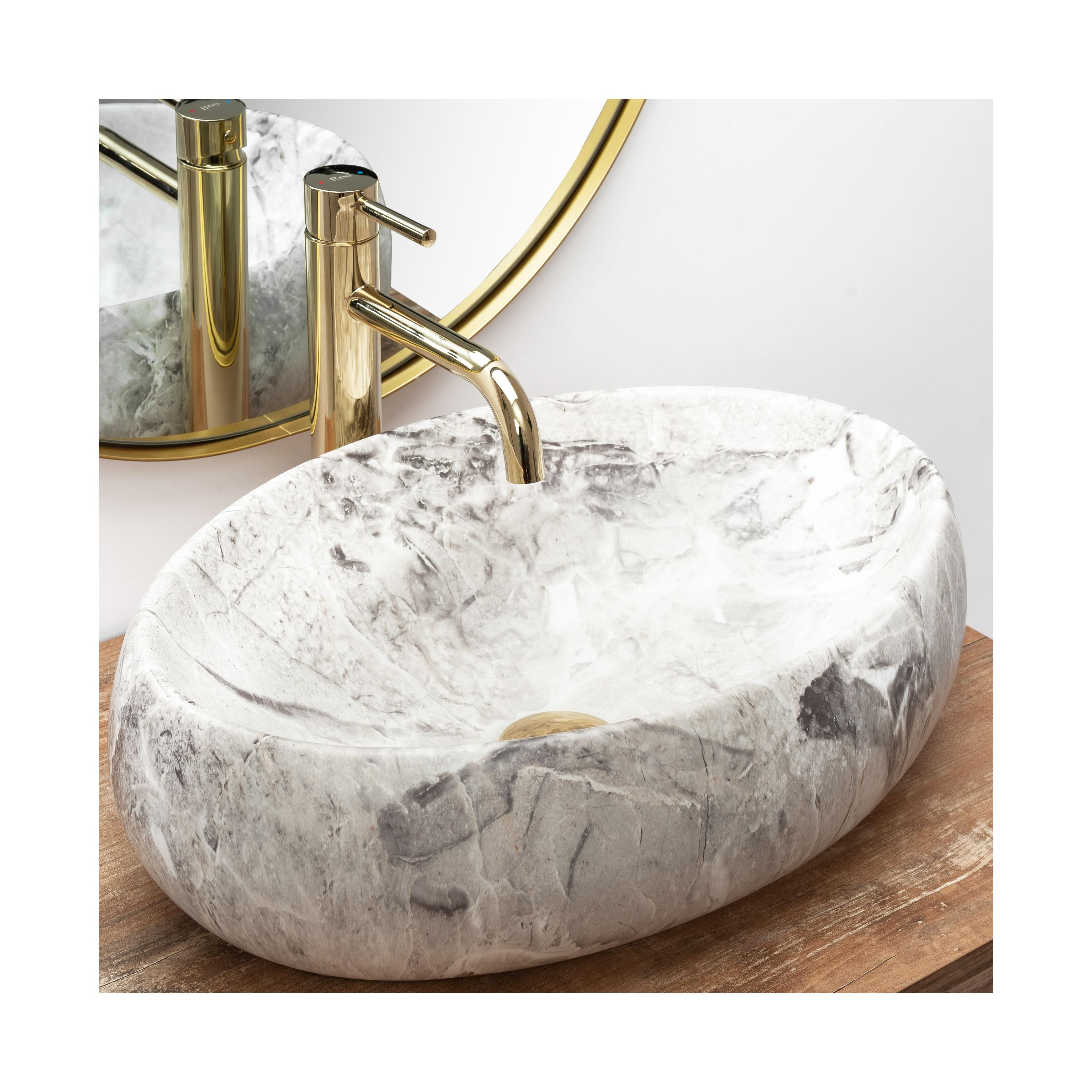 Set Countertop washbasin Linda stone + Bathroom faucet Lungo gold + Plug uniwersalny gold