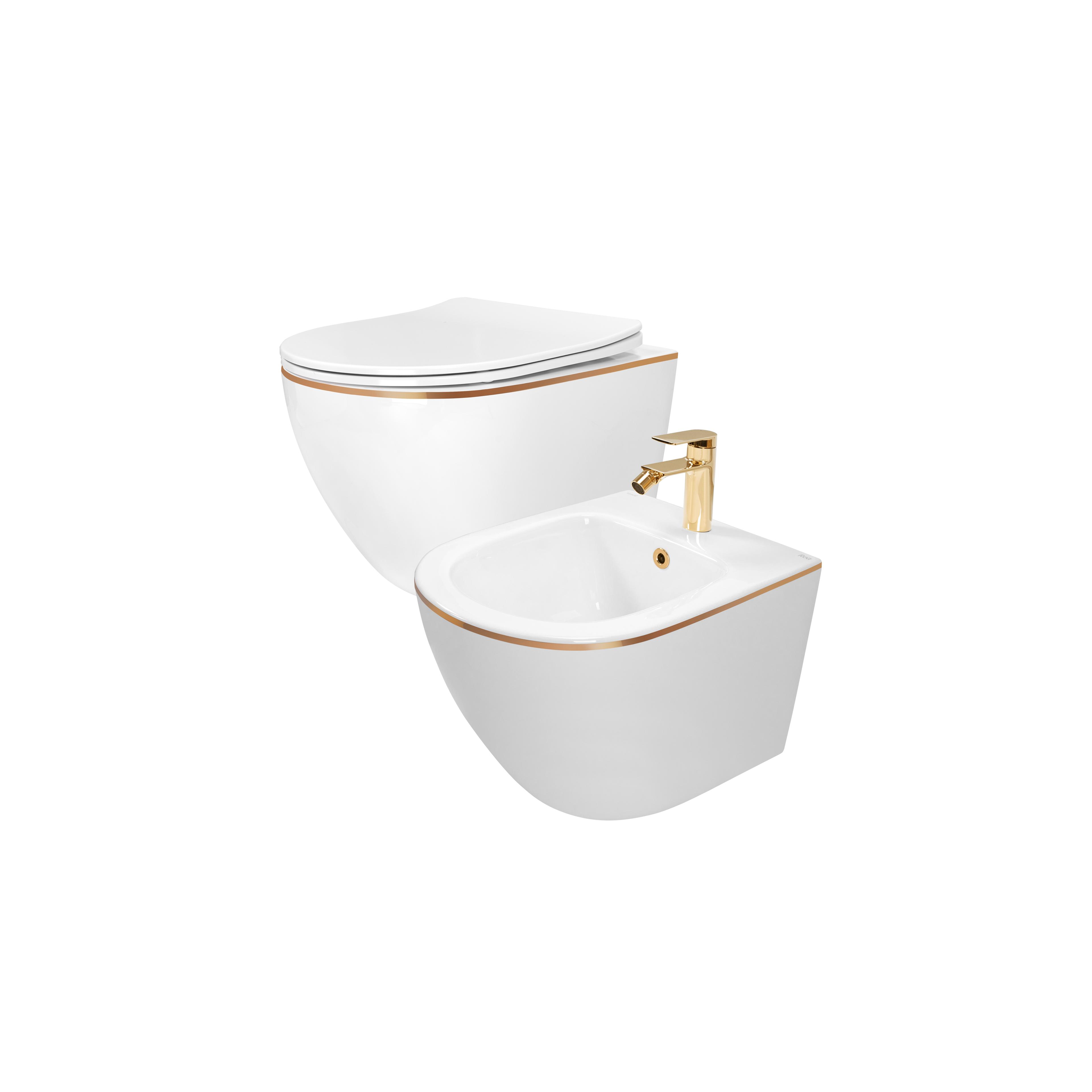 Set Toilet bowl WC CARLO Mini Flat + bidet CARLO Mini White Gold Edge