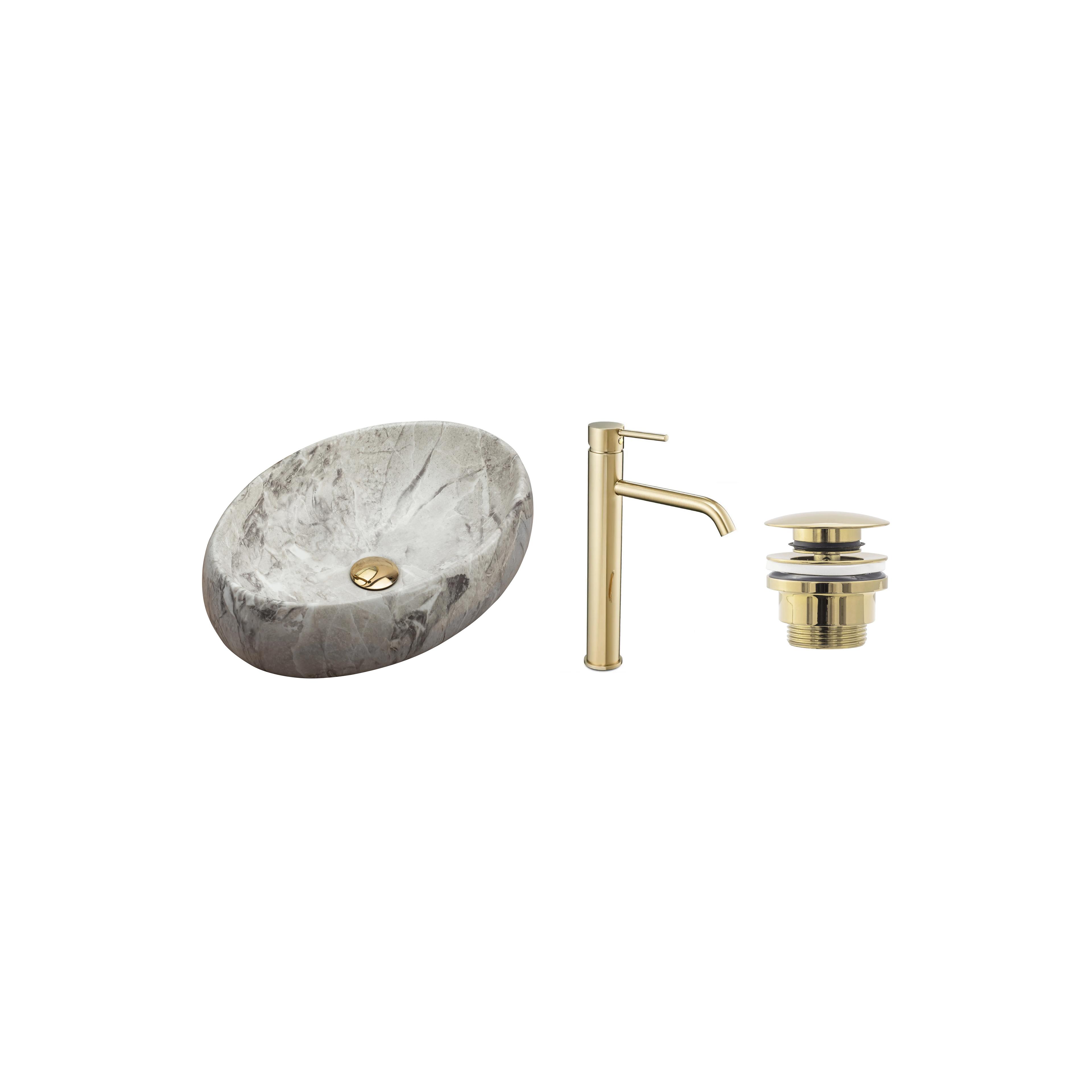 Set Countertop washbasin Linda stone + Bathroom faucet Lungo gold + Plug uniwersalny gold