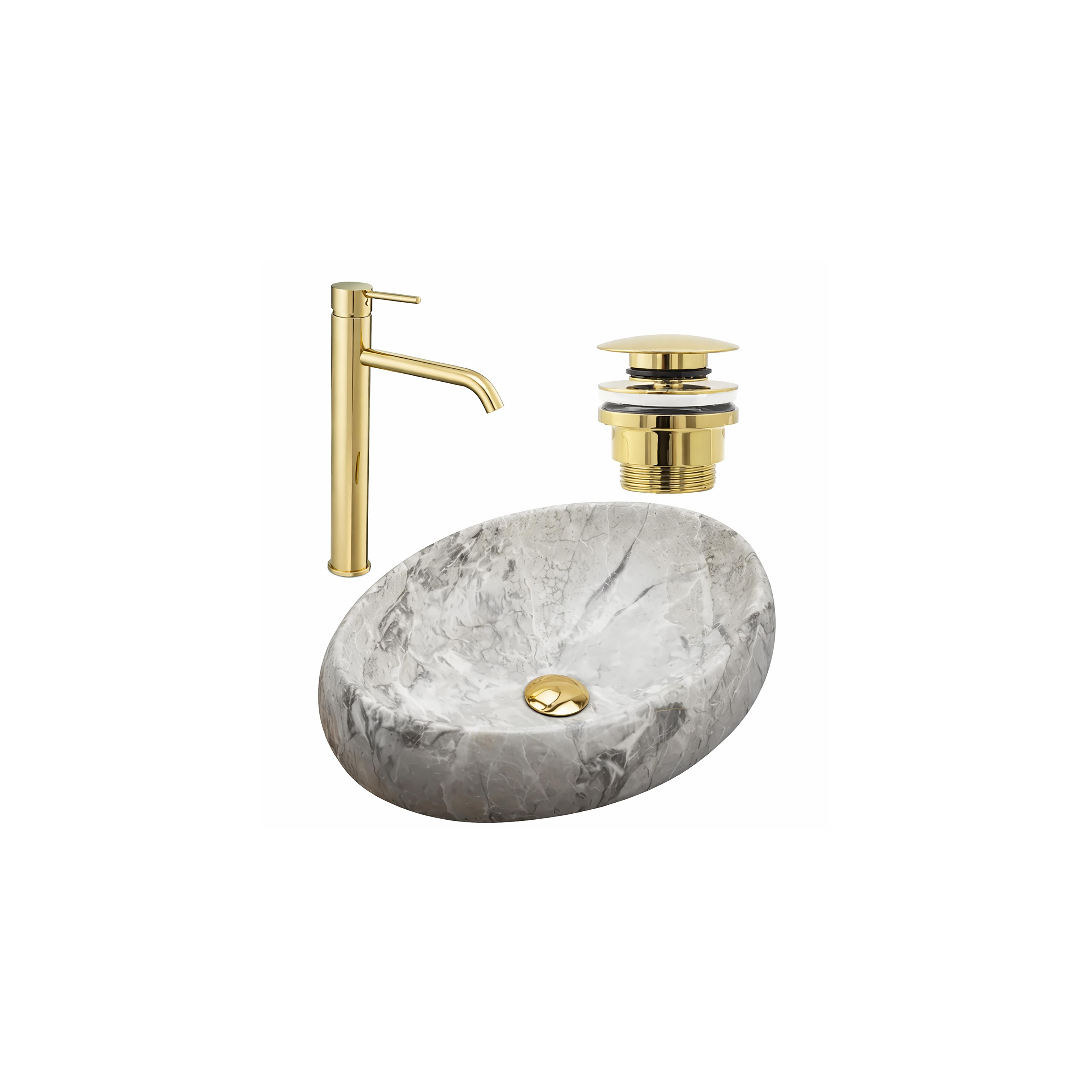 Set Countertop washbasin Linda stone + Bathroom faucet Lungo gold + Plug uniwersalny gold