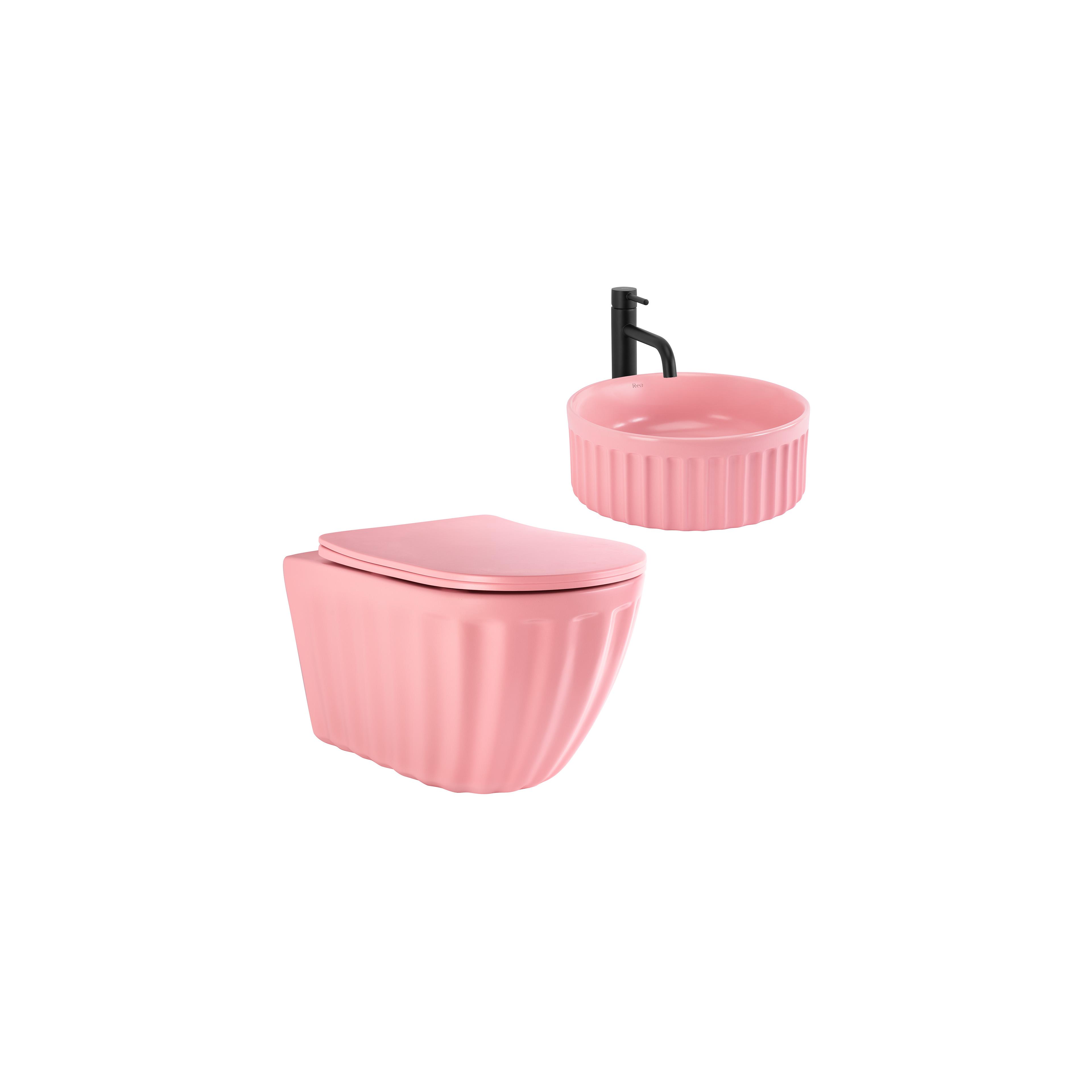 Komplekts: Piekaramā tualetes bļoda + Virsmas izlietne Rea Light Pink Matt