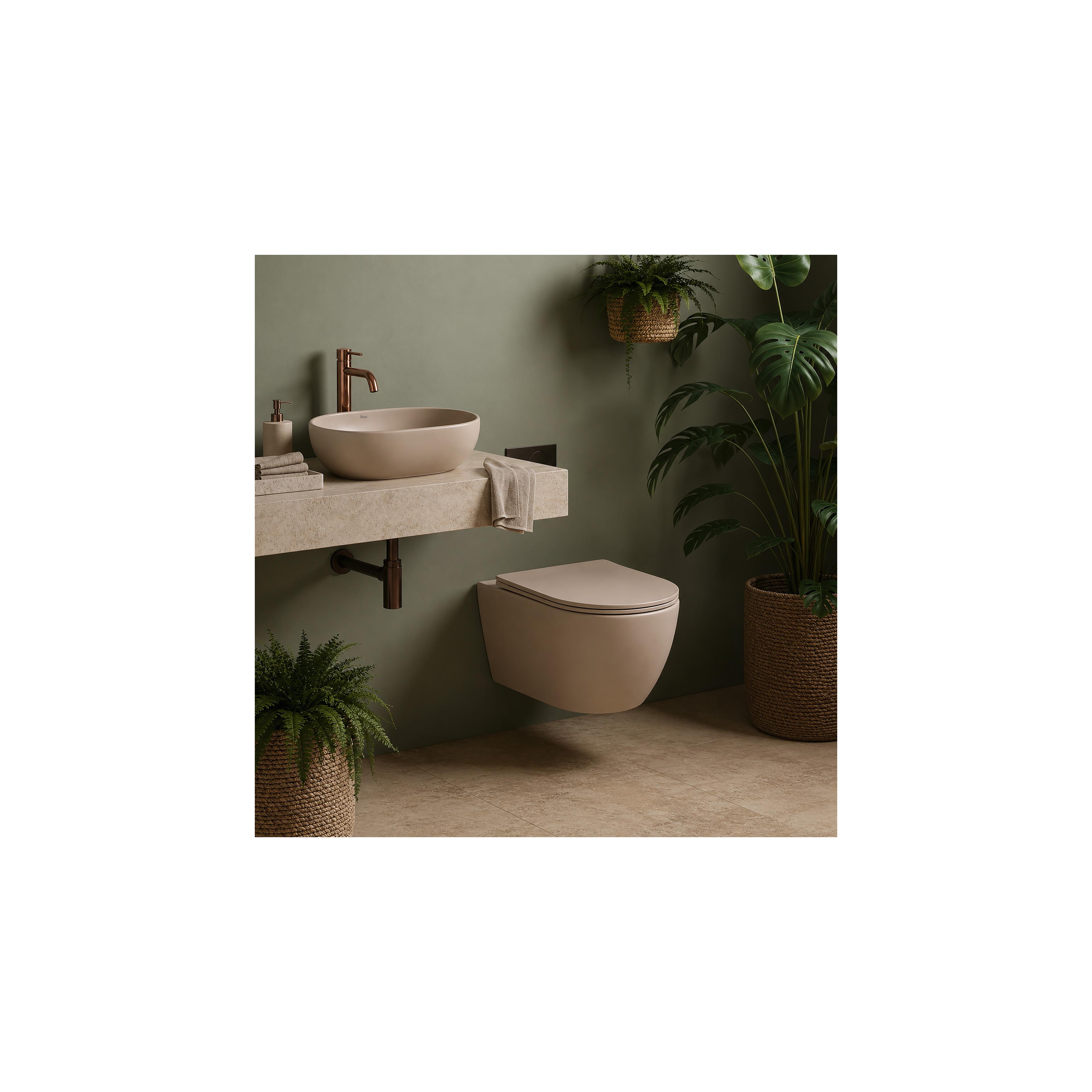 Ensemble WC Suspendu Focus + Lavabo à Poser Rea Focus Taupe