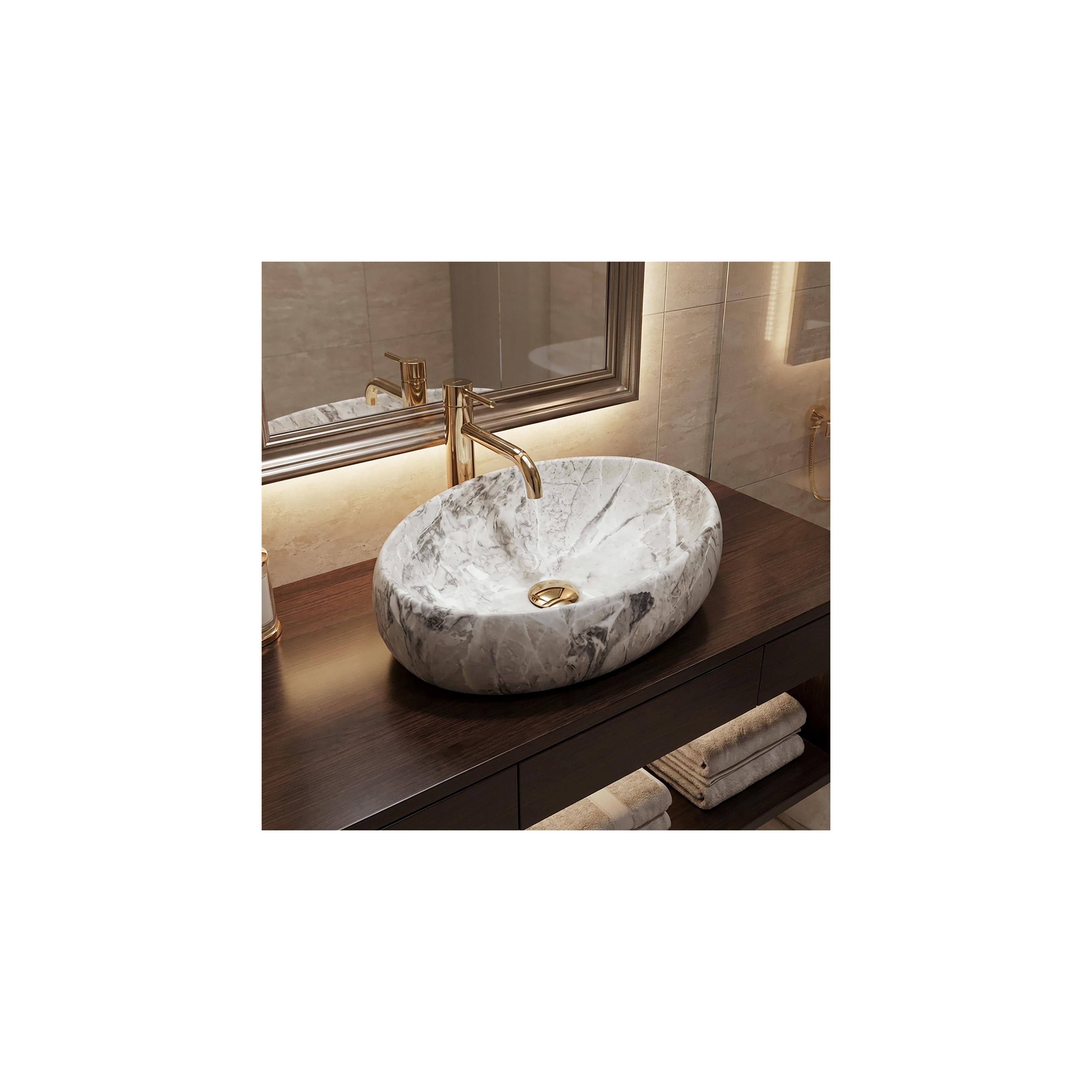 Set Countertop washbasin Linda stone + Bathroom faucet Lungo gold + Plug uniwersalny gold