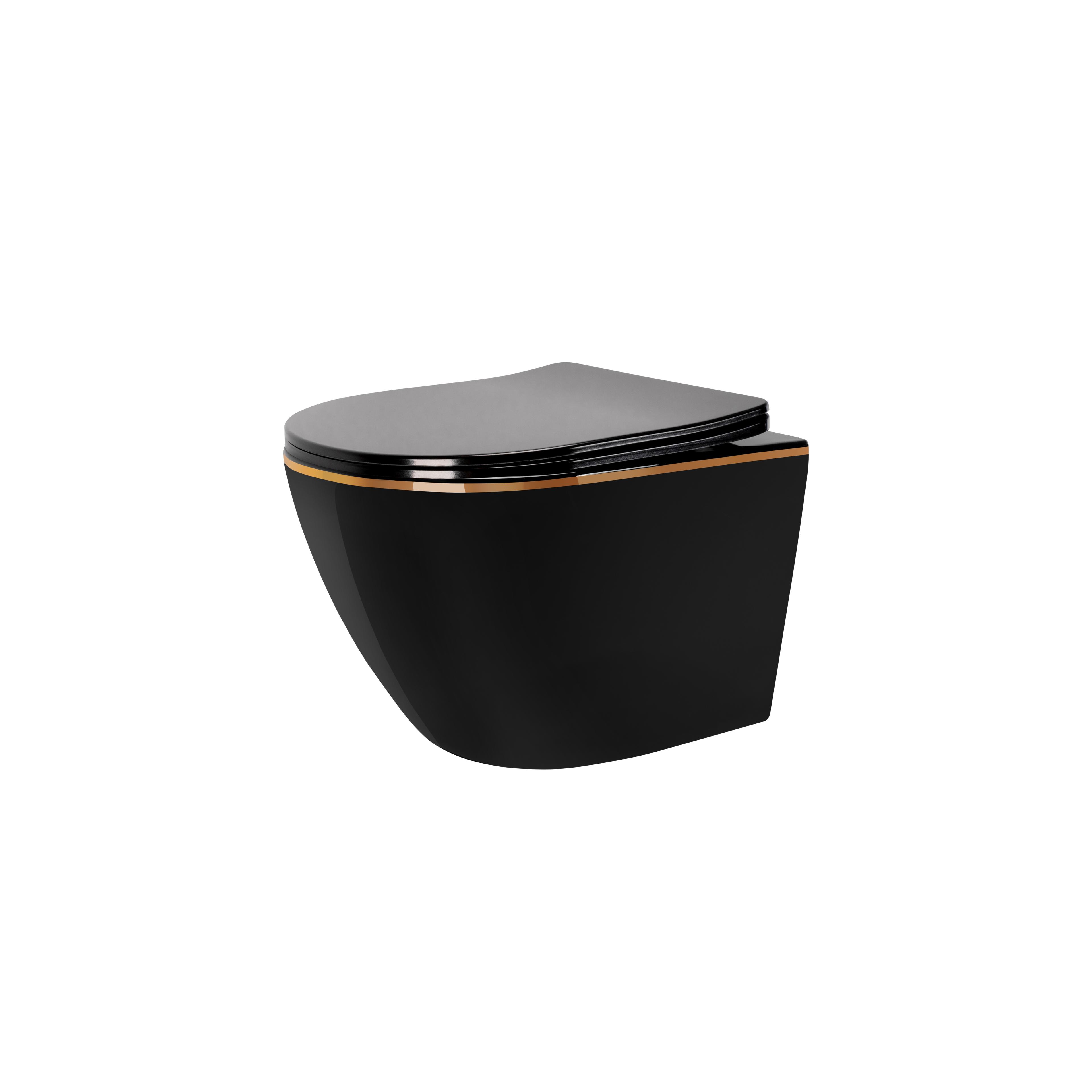 WC Schüssel Randlos CARLO Mini Rimless Duroplast Flat Black Gold Edge