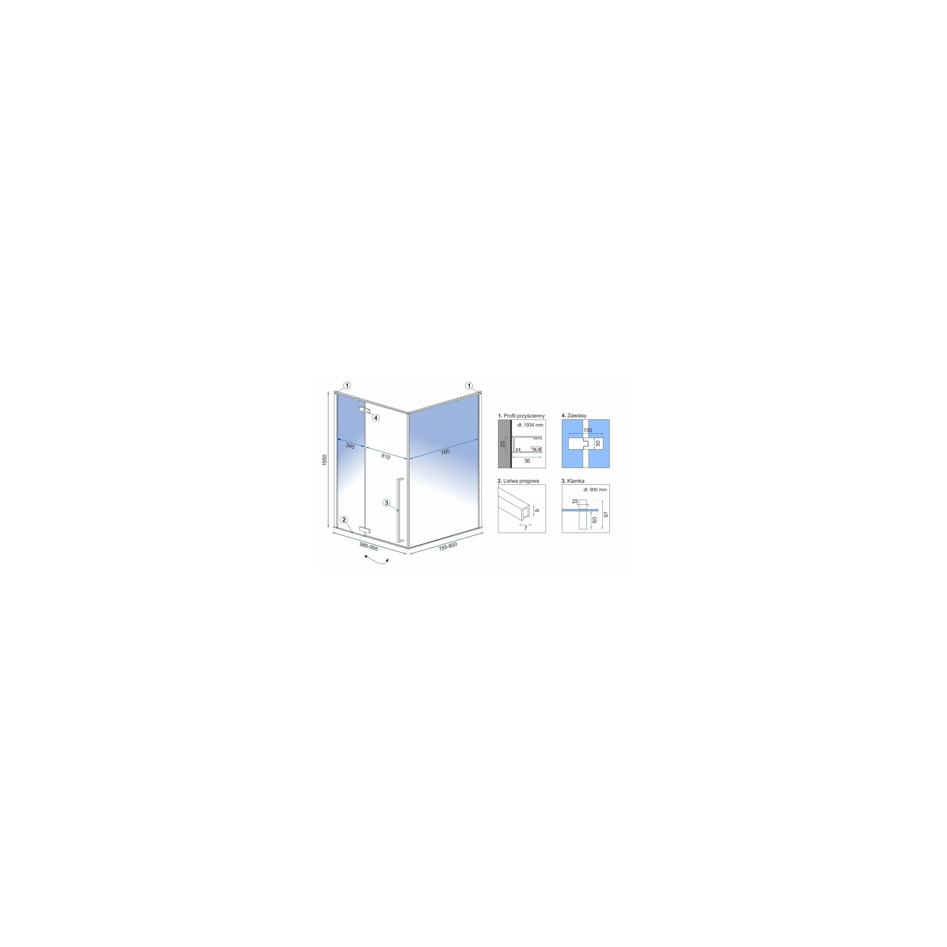 Square shower enclouser Fargo 100x80 Gold