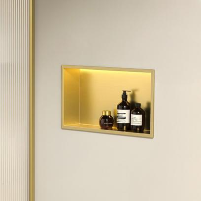Süllyesztett fürdőszobai polc LED 30x45 brush gold