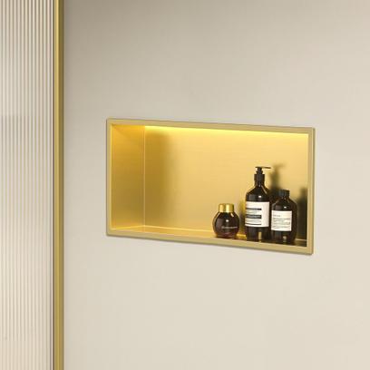 Süllyesztett fürdőszobai polc LED 30x60 brush gold