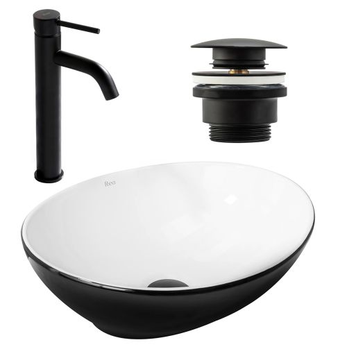 Set Countertop washbasin Sofia black white + Bathroom faucet Lungo black matt + Plug uniwersalny black matt