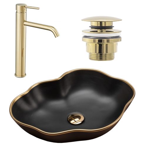 Set Vasque à poser Pearl black mat gold edge + Robinet de lavabo Lungo gold + Bonde gold