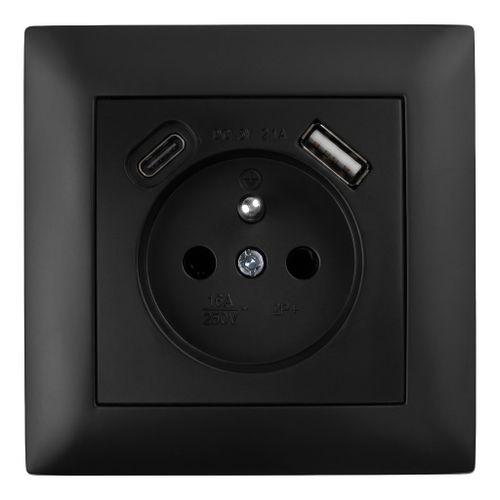 Jednoduchá zásuvka s uzemnením + USB-A USB-C OSTE JNH004-G Black