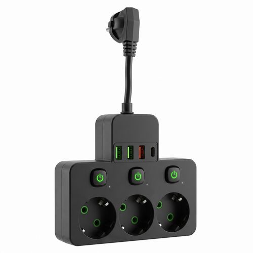 Power Strip 3 Sockets + 3x USB-A + USB-C JNH018 Black