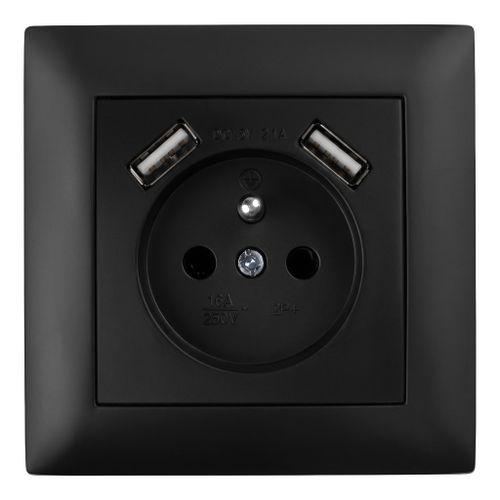 Single grounded socket with frame + 2x USB-A OSTE JNH003-G Black