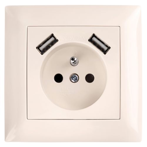 Single grounded socket with frame + 2x USB-A OSTE JNH003-G Beige