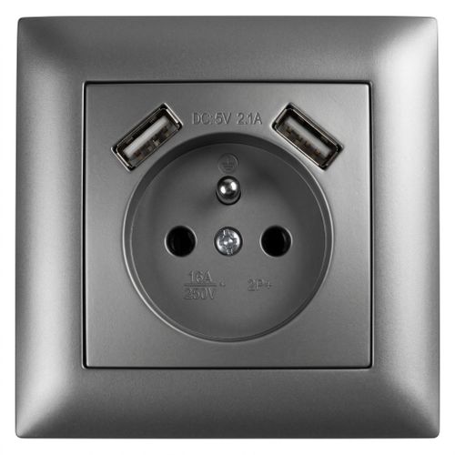 Single grounded socket with frame + 2x USB-A OSTE JNH003-G Grey