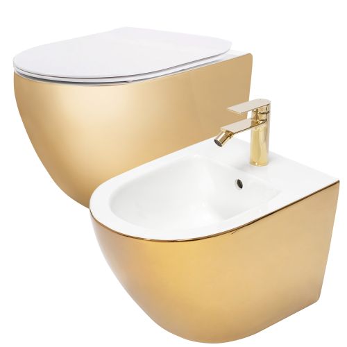 Sada: WC Závesná misa CARLO Flat + Závesný Bidet CARLO MINI - Zlatá-biela