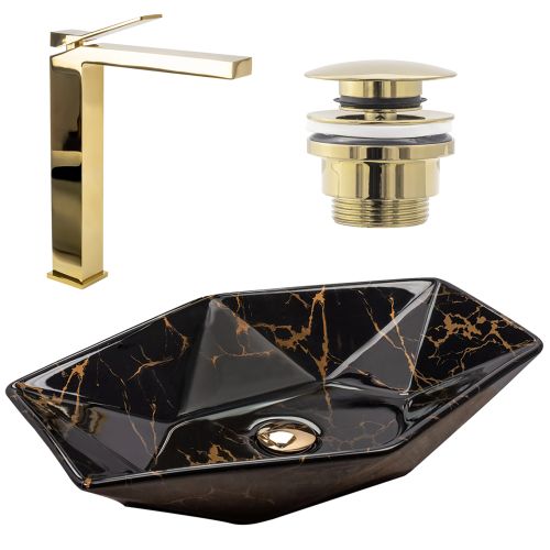 Комплект Умывальник на столешницу Vegas marble black shiny + Смеситель Duet gold + Донный клапан gold